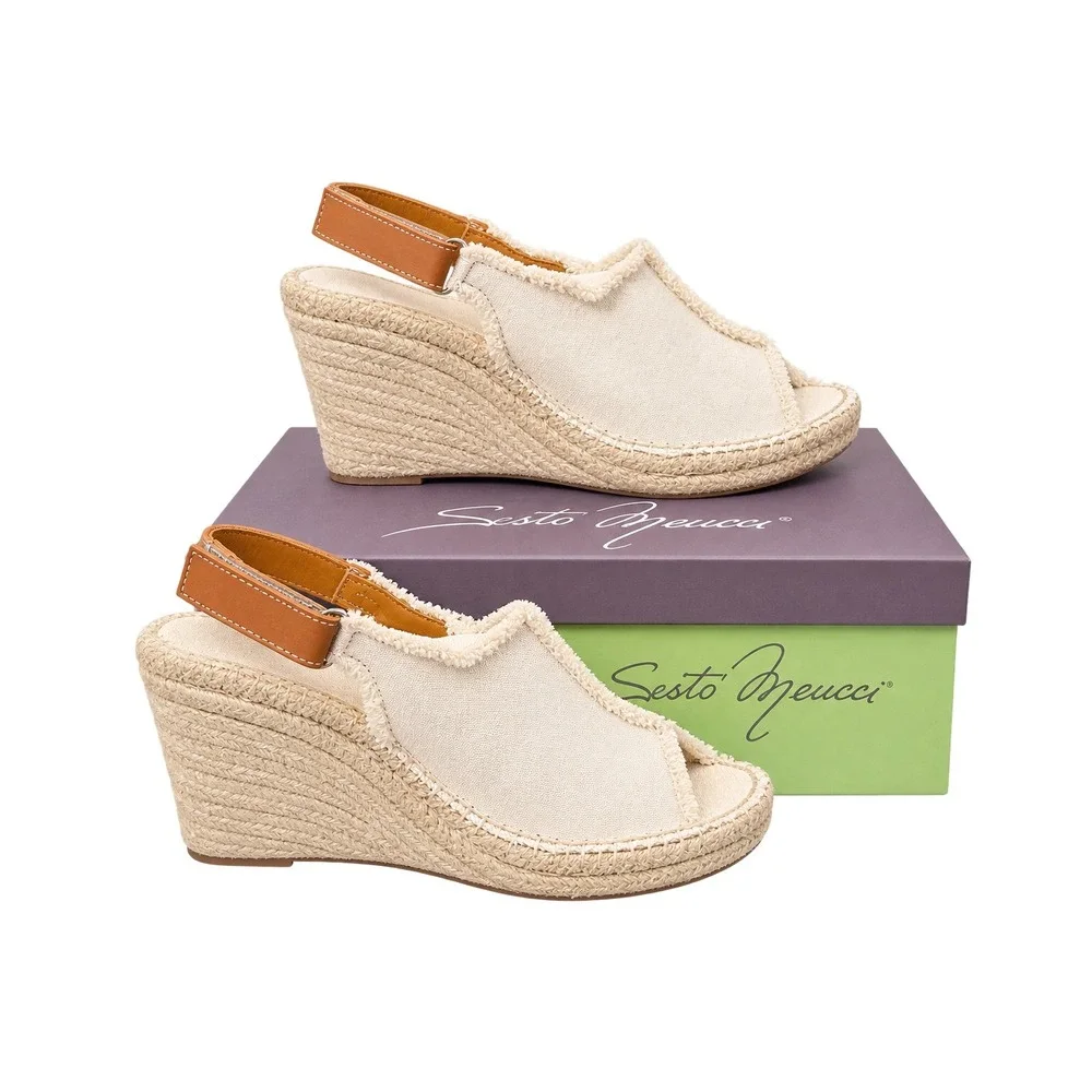 Sesto Meucci Womens Frayed Canvas Espadrille Wedge Sandals Cream Spain Size 6